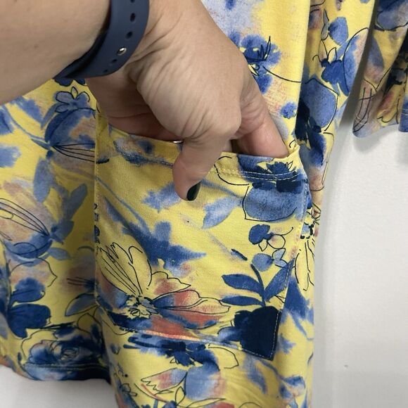 LOGO Lori Goldstein Top Tunic S Yellow Blue Floral Asymmetric Hem Pocket Casual - Picture 5 of 11